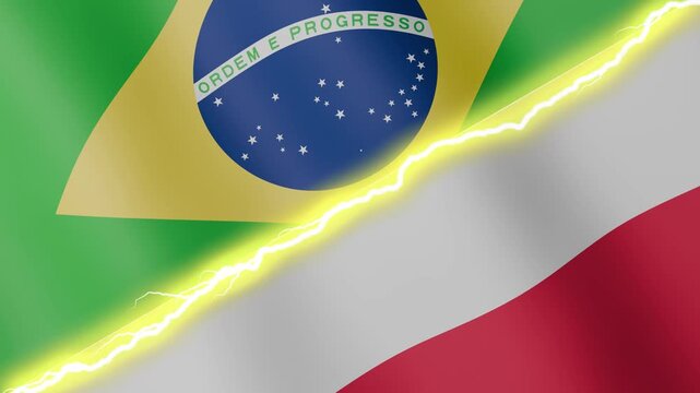 Two waving flags Brazil and Poland with diagonal lightning seamless, 4k loop