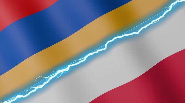 Two waving flags Armenia and Poland with diagonal lightning seamless, 4k loop