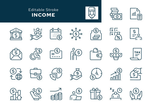 Income outline icons set. Money, salary, payment, wages, pension, bonus, earnings, dividends, tax, accounting and more. Line icon in linear style. Vector collection	