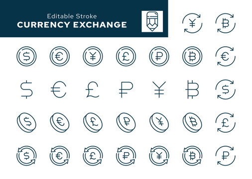 Перейти к странице
|123Далее
Currency exchange outline icons. Dollar sign, euro, pound, yuan, ruble, bitcoin, cryptocurrency, banknote and more. Line icon in linear style. Vector collection
