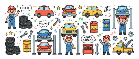 Fototapeta premium Cute cartoon mechanics and cars in a vibrant garage scene, featuring tools, tires, and oil barrels on a white background