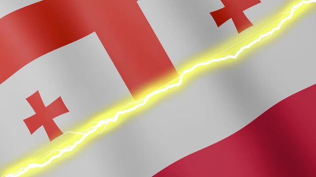 Two waving flags Georgia and Poland with diagonal lightning seamless, 4k loop