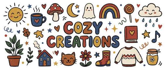 Fototapeta premium Whimsical hand-drawn collection of cozy autumn and winter elements, including a sun, mug, mushroom, ghost, rainbow, and sweater, on a white background