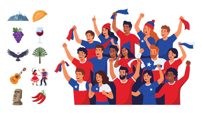 Flat vector illustration of Chilean sports fans cheering in national colors with icons like the Andes, empanada, condor, Moai statue, Araucaria tree, guitar, and Cueca dancers.