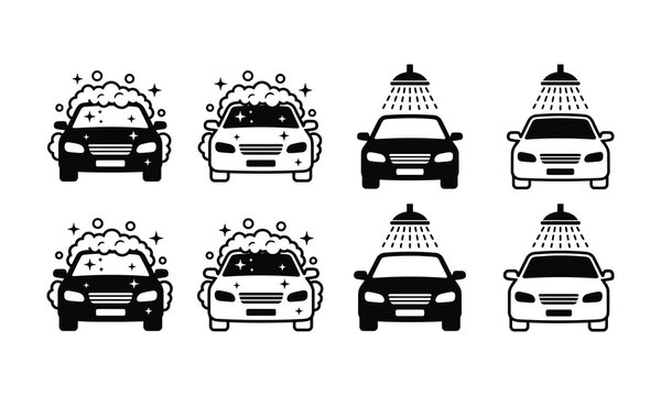 Car wash icons set foam and water spray silhouettes for automotive detailing services