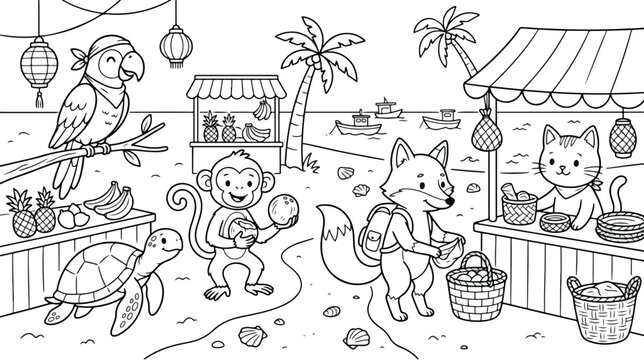Tropical animal market coloring page, cute cartoon animals shopping at beach fruit stalls, black and white outline vector illustration for kids
