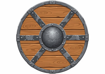 Obraz premium Medieval Viking round wooden shield with iron metal reinforcements.