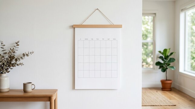 Blank monthly calendar mockup hanging on a clean white wall in a minimalist room with natural light, perfect for planning and home decor displays