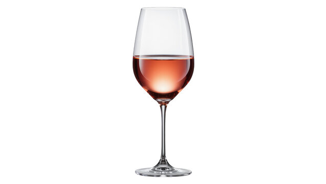 Clear glass wine goblet filled with rose wine, isolated on transparent background