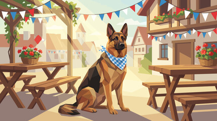 Low poly illustration of a German Shepherd dog wearing a blue checkered bandana sitting in a traditional Bavarian beer garden with festive bunting and timber houses. © Oktafianto