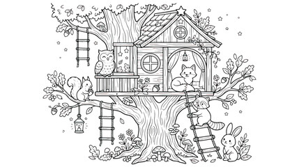 Whimsical treehouse coloring page with forest animals, magical woodland tree house vector illustration, cute fox and owl in enchanted forest © Fahad