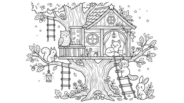 Whimsical treehouse coloring page with forest animals, magical woodland tree house vector illustration, cute fox and owl in enchanted forest