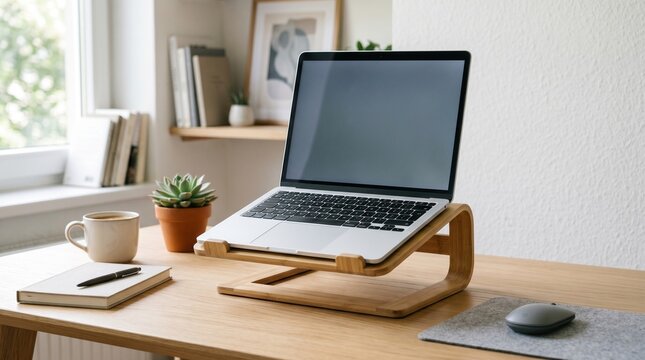 Modern minimalist home office workspace setup with an open laptop on a natural wooden stand, perfect for showcasing digital designs and website mockup presentations