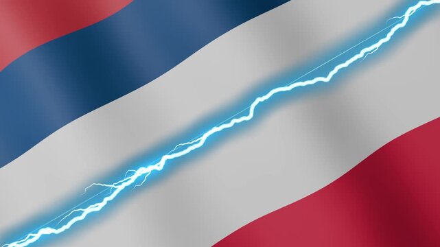 Two waving flags Serbia and Poland with diagonal lightning seamless, 4k loop
