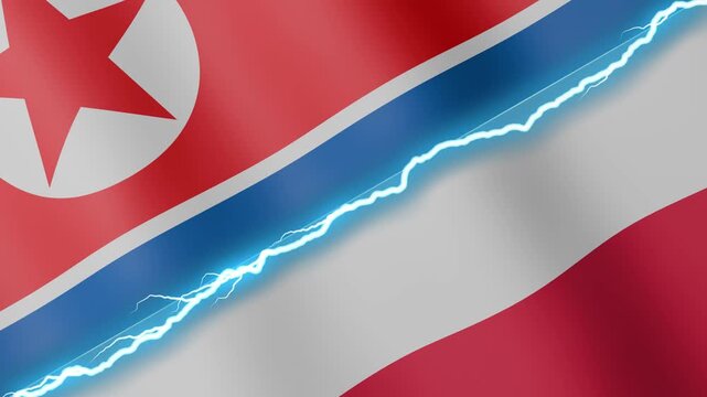 Two waving flags North Korea and Poland with diagonal lightning seamless, 4k loop