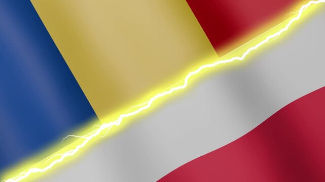 Two waving flags Romania and Poland with diagonal lightning seamless, 4k loop