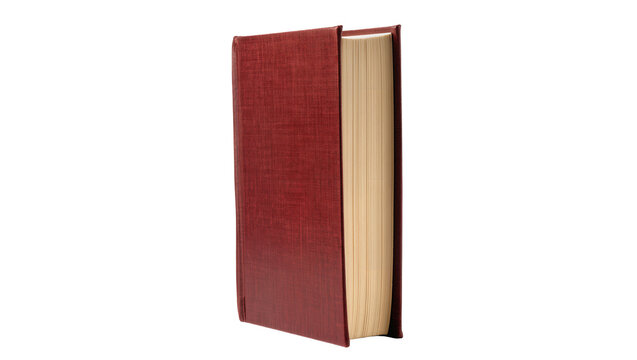 Thick red hardcover book with textured cover, isolated on transparent background