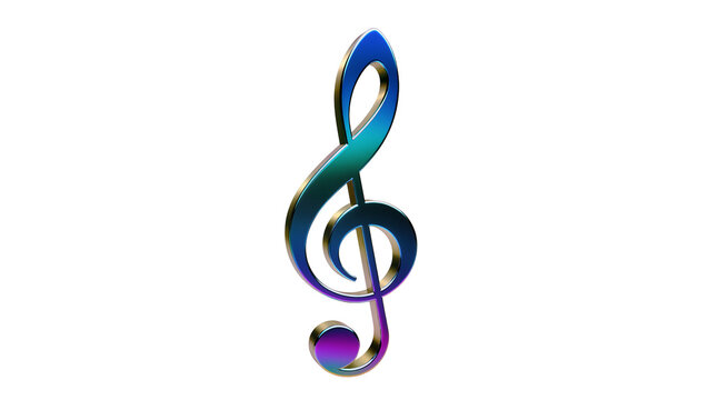 Metallic treble clef with blue green and purple gradient, isolated on transparent background