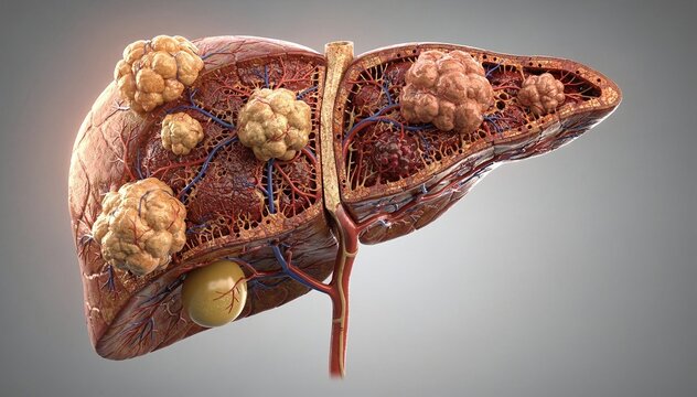 Medical illustration depicting a detailed human organ with various abnormal growths, showcased in a cutaway view revealing internal structures and vascular networks against a clean, neutral background