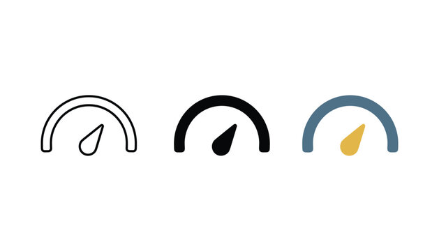 Three styles of speedometer gauge icon showing outline solid and flat colored design versions for automotive performance and speed monitoring graphic projects isolated on white background