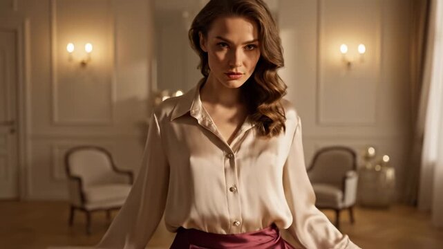 Elegant woman in luxurious interior adjusting her dress with poise and confidence in a sophisticated setting