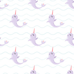 Cute narwhal seamless pattern. Cartoon ocean animal background. Sea repeat design. Kids vector illustration. © JulzaArt
