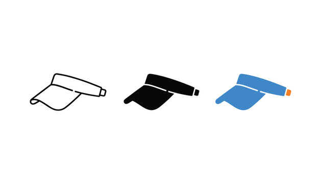 Visor cap accessories represented as a collection of three distinct vector icon styles for sportswear and fashion branding