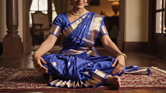 Woman in blue sari sitting cross legged on patterned rug in traditional indian attire with gold accents