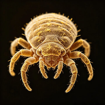 Original scanning electron microscope image of house dust mite (Dermatophagoides), showing its characteristic exoskeleton morphology and natural surface contrast.