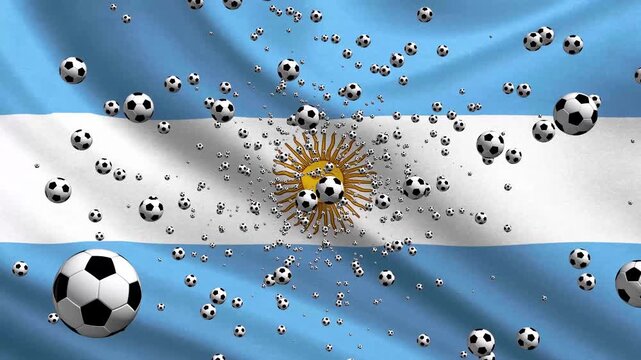 The video shows many soccer balls surrounding the Argentina flag