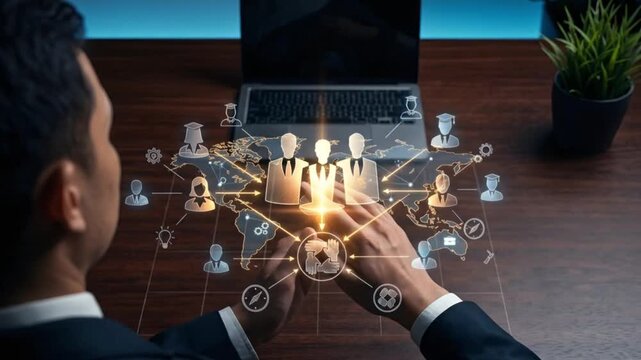 Business network visualization with global connections and team collaboration icons