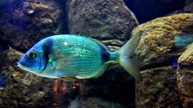 Gilthead seabream swimming through rocky underwater marine habitat scene