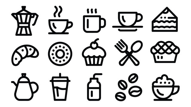 Collection of black and white food and drink icons on white background