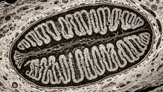 Transmission electron microscopy images of rat cardiac mitochondria stained with osmium tetroxide, showing their characteristic double membrane and cristae, and ultrastructure.