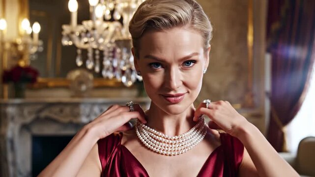 Elegant woman in red dress showcasing pearl necklace in luxurious interior with chandelier