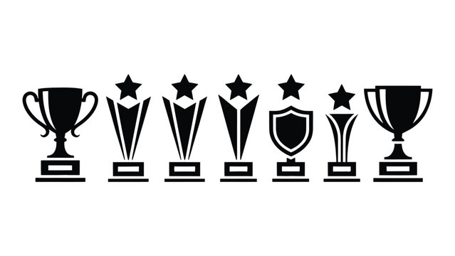 Black trophy icons with stars on white background for awards and recognition