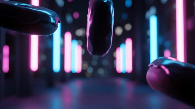 Abstract 3D motion graphic with floating glossy donut shapes and neon light background.