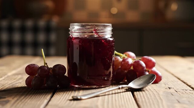 A jar of delicious homemade grape jam on a rustic wooden table.