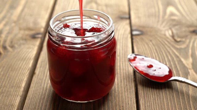 Fresh red berry jam being poured into a glass jar on a rustic wooden table.