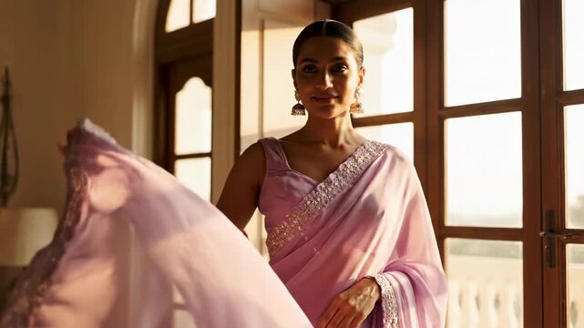 Woman in pink sari dancing by window with sunlight traditional indian clothing and jewelry elegant movements