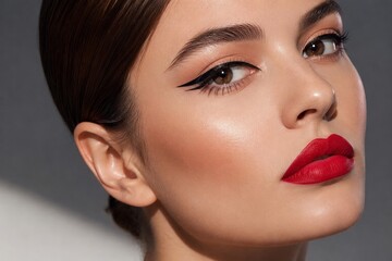 Fototapeta premium Beautiful Fashion Model Face with Glamour Makeup, Perfect Lips and Clean Skin Close-Up Portrait