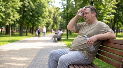 Obraz premium Overweight man resting after outdoor walk in daytime park 