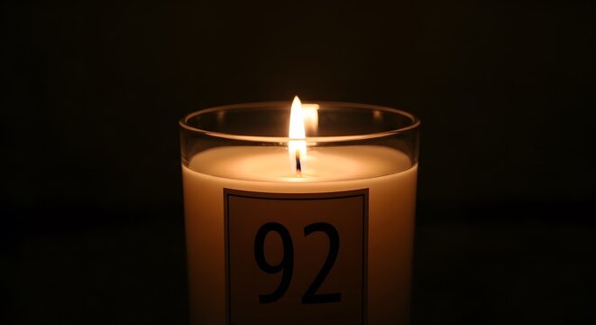 Lit White Candle in a Glass Holder with Number 92 on Label, Burning Brightly in Darkness
