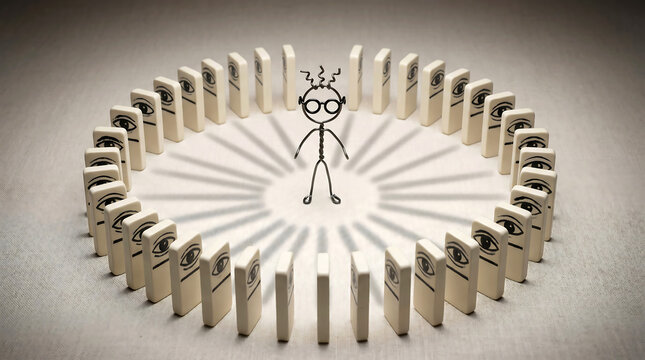 Wire stickman surrounded by a circle of dominoes with drawn staring eyes
