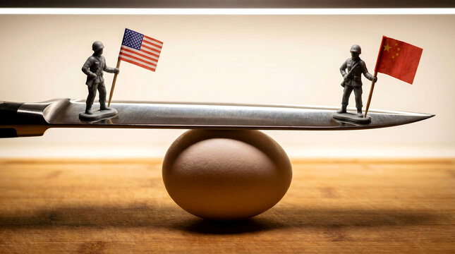 Miniature US and China soldiers balancing on a sharp knife over a fragile egg