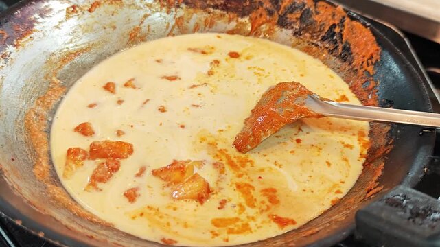 Pouring coconut milk into Thai red curry paste in a wok.