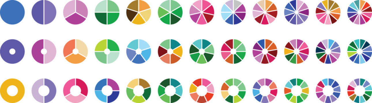 Pie charts diagram set. Pie charts set. Circle pie charts 1,2,3,4,5,6,7,8,9,10,11,12 sections. Wheel round segment infographic part. Circle section graph. Pie charts diagrams.vector