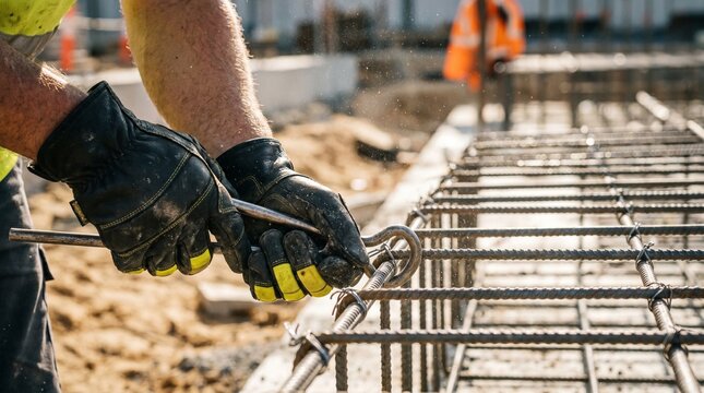 Worker's hands in protective gloves tying rebar on a construction site. This crucial step ensures strong concrete structures for building foundations and infrastructure projects.