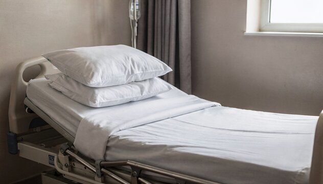 Clean, unoccupied hospital bed with pristine white sheets and pillows, positioned next to a window with natural light, in a medical facility setting, ready for patient care or recovery, evoking a sens