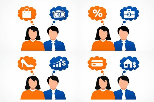 Two professionals discussing different business and financial concepts with thought bubbles